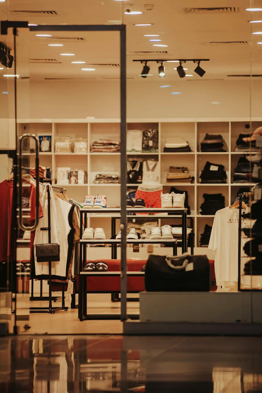 A boutique ecommerce store — shelves with folded clothes, shoes, and accessories